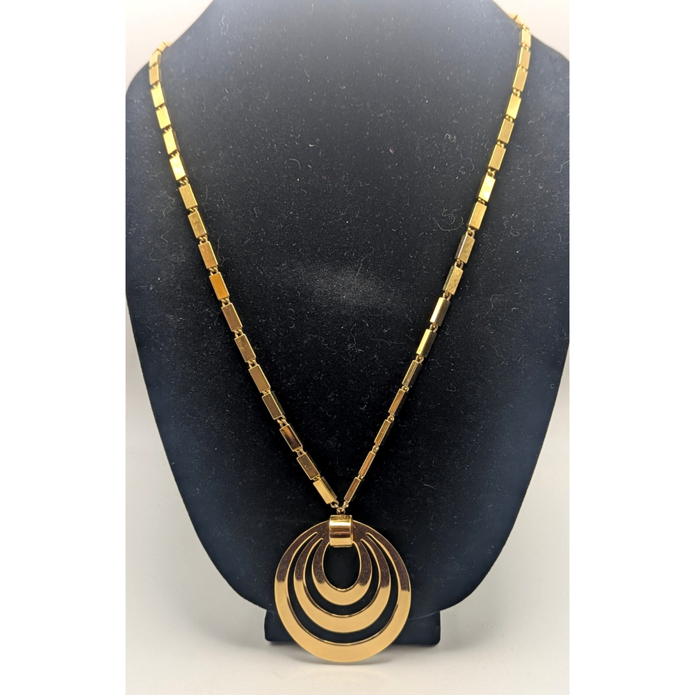 Vintage Gold Tone Signed Monet Oval Modernist Triple Loop Necklace Pendant 28"